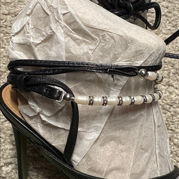 Sam Edelman 'Scarlette' Tie Heel Sandals black leather w pearl embellishments - Picture 5 of 11